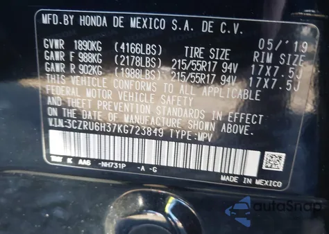 2019 Honda Hr-V Lx from USA, damaged, VIN 3CZRU6H37KG723849